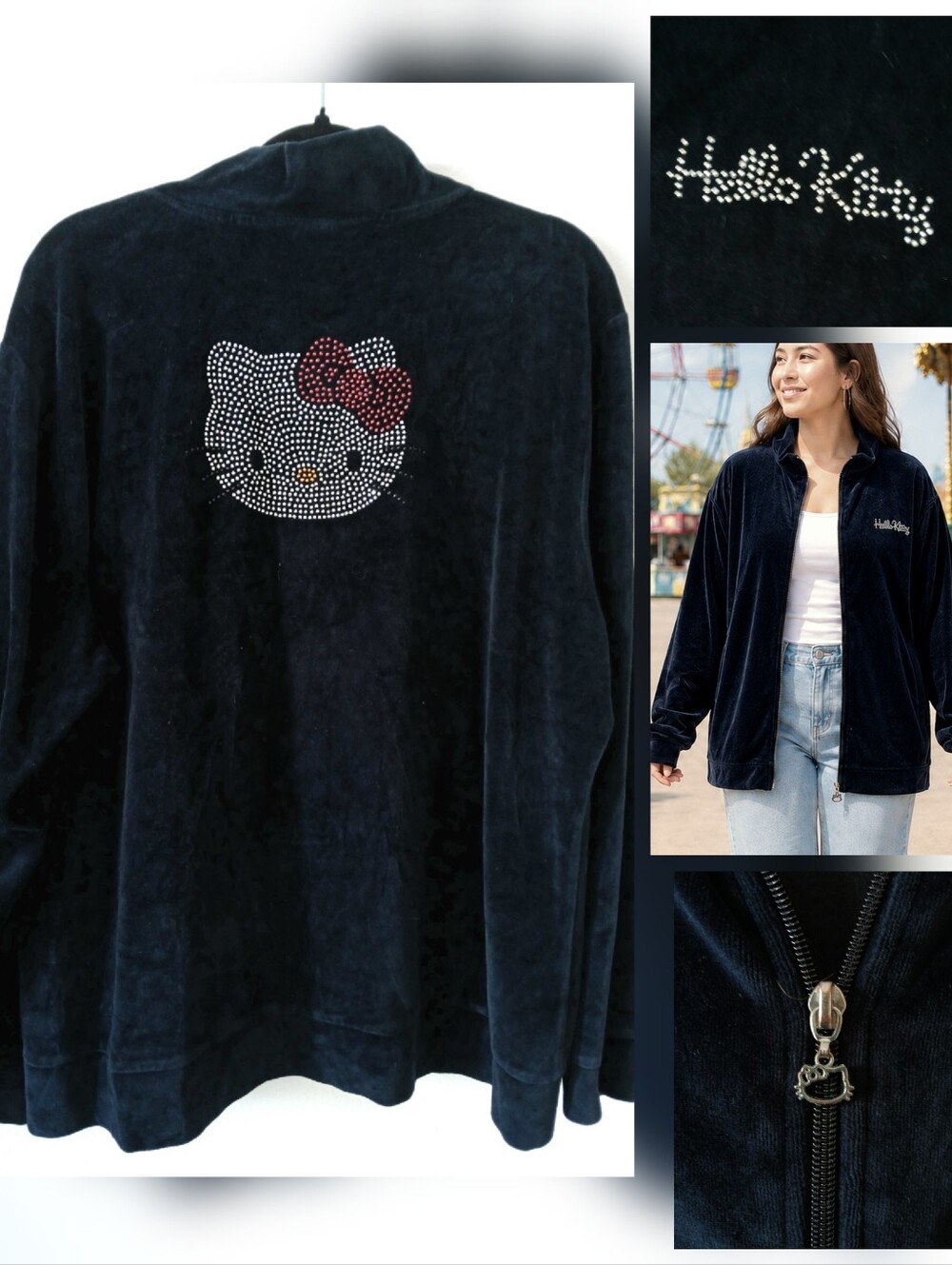 HELLO KITTY Sanrio Zip Rhinestone Velour Jacket Y2K Sweatshirt Women's Size 2X